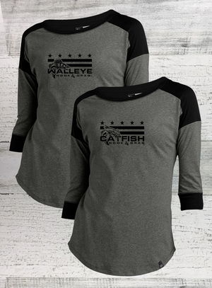 HD Fish - Mericana -Ladies Heritage Blend Black Twist 3/4-Sleeve Baseball Raglan Tee - Catfish, Walleye, Crappie, Bass