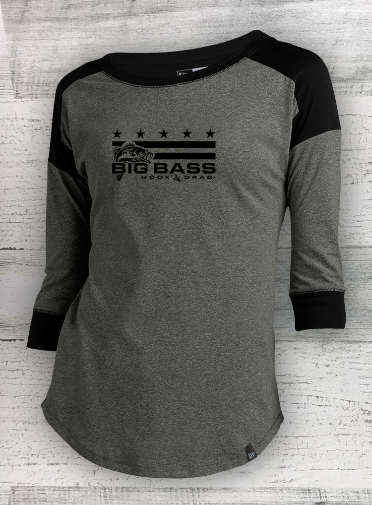 HD Fish -  Mericana -Ladies Heritage Blend Black Twist 3/4-Sleeve Baseball Raglan Tee - Catfish, Walleye, Crappie, Bass